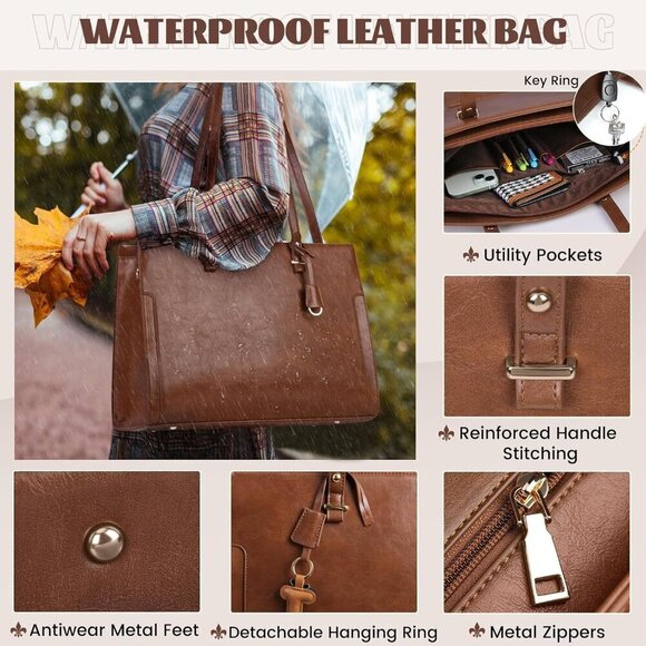 Vintage Laptop Bag Women Brown 15.6 Inch Waterproof Leather Work Tote Retro - Picture 3 of 7